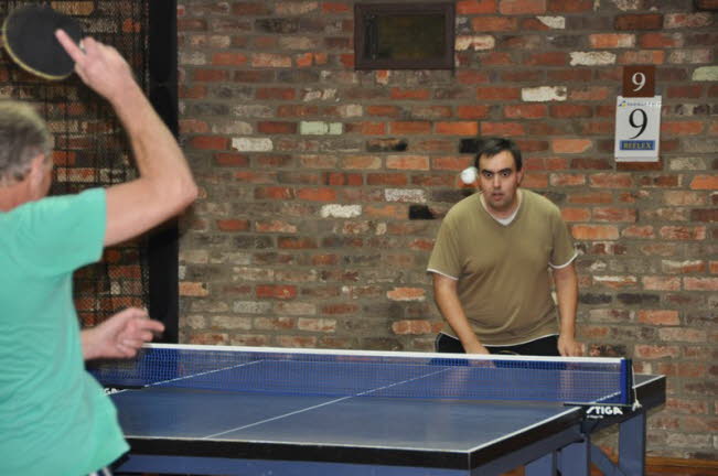 Henk VanDerStoep lets one fly towards Daniel Buckton
